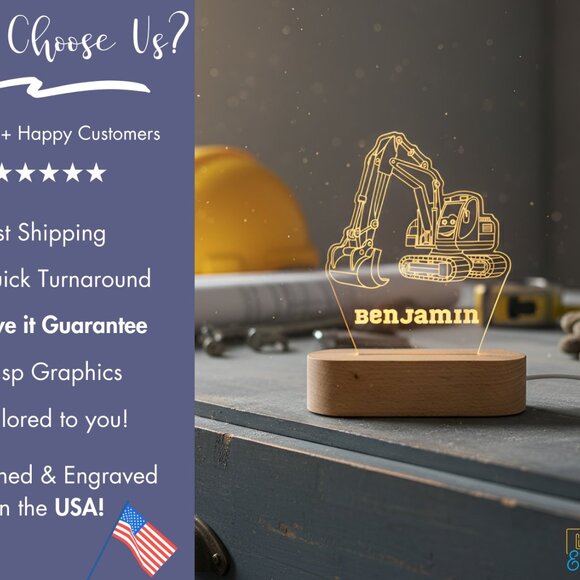 Personalized Excavator Night Light – Custom Toddler Room Lamp - Picture 4 of 8